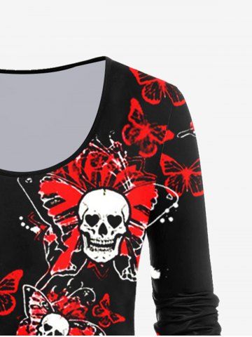Gothic Long Sleeve Skull Butterfly Print T-shirt