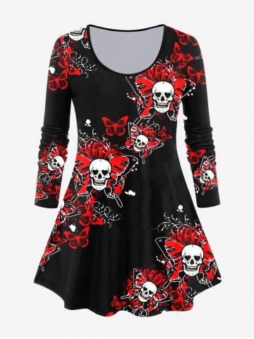 Gothic Long Sleeve Skull Butterfly Print T-shirt - BLACK - 2X | US 18-20