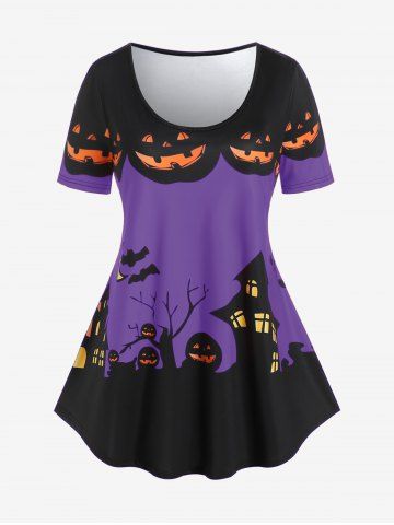 Plus Size Pumpkin Castle Print Halloween Tee - CONCORD - 4X | US 26-28