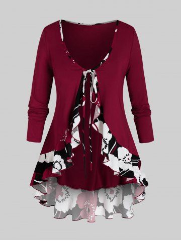 Plus Size Flower Flounce Tunic Tie Blouse and Cami Top Set
