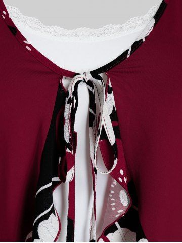 Plus Size Flower Flounce Tunic Tie Blouse and Cami Top Set