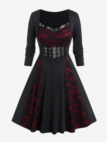 Gothic Lace Panel Grommets Buckled Fit and Flare Dress - BLACK - L | US 12