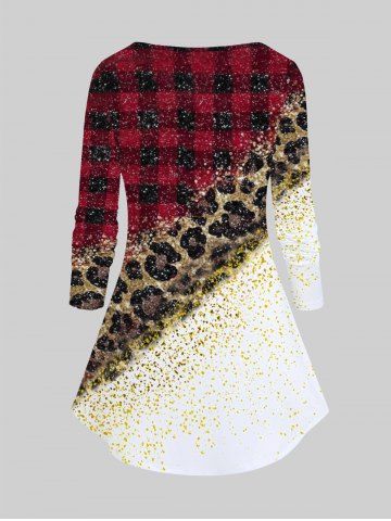 Plus Size Long Sleeve Plaid Leopard Print T-shirt