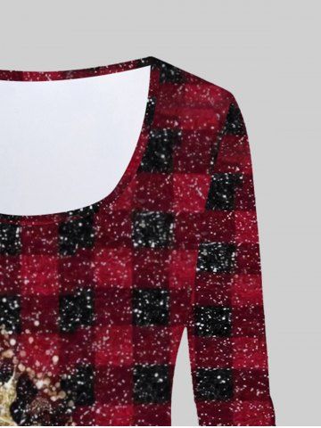 Plus Size Long Sleeve Plaid Leopard Print T-shirt