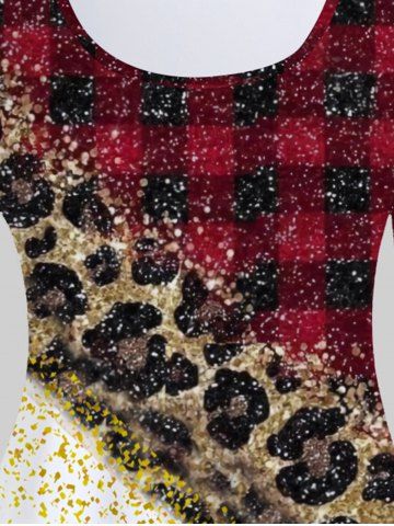 Plus Size Long Sleeve Plaid Leopard Print T-shirt