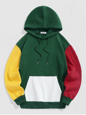 Colorblock Fluffy Fleece-lined Drawstring Hoodie - MULTI-C - XXL