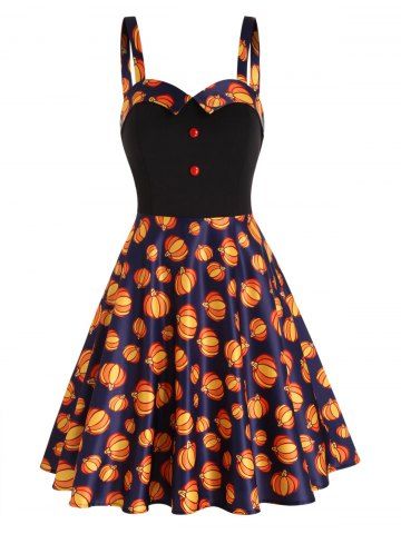 Halloween Pumpkin Print Mock Button Foldover High Waisted A Line Mini Gothic Dress - ORANGE - S