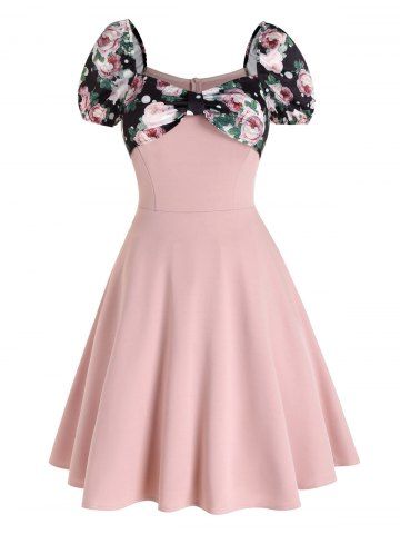 Vintage Flower Polka Dots Print Sweetheart Neck Mini A Line Milkmaid Dress - LIGHT PINK - S