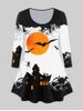 T-shirt D'Halloween à Imprimé Chauve-souris Toile D'Araignée et Lune à Manches Longues - Blanc 