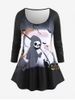 T-shirt D'Halloween à Imprimé Chat Citrouille Crâne et Chauve-souris à Manches Raglan - Noir 