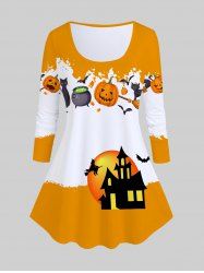 T-shirt Halloween à Imprimé Chauve-souris Citrouille à Manches Raglan - Orange 4X | US 26-28