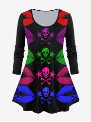 Gothic Long Sleeve Colorful Skull Lip Print T-shirt -  