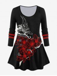 T-shirt en Blocs de Couleurs à Imprimé Fleur de Dragon de Grande Taille - Rouge M | US 10