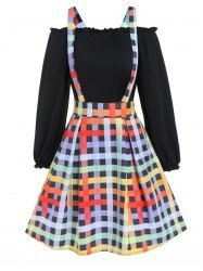 Ruffle Off the Shoulder Top And Plaid Print A Line Mini Suspender Skirt Set -  