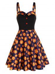Halloween Pumpkin Print Mock Button Foldover High Waisted A Line Mini Gothic Dress -  