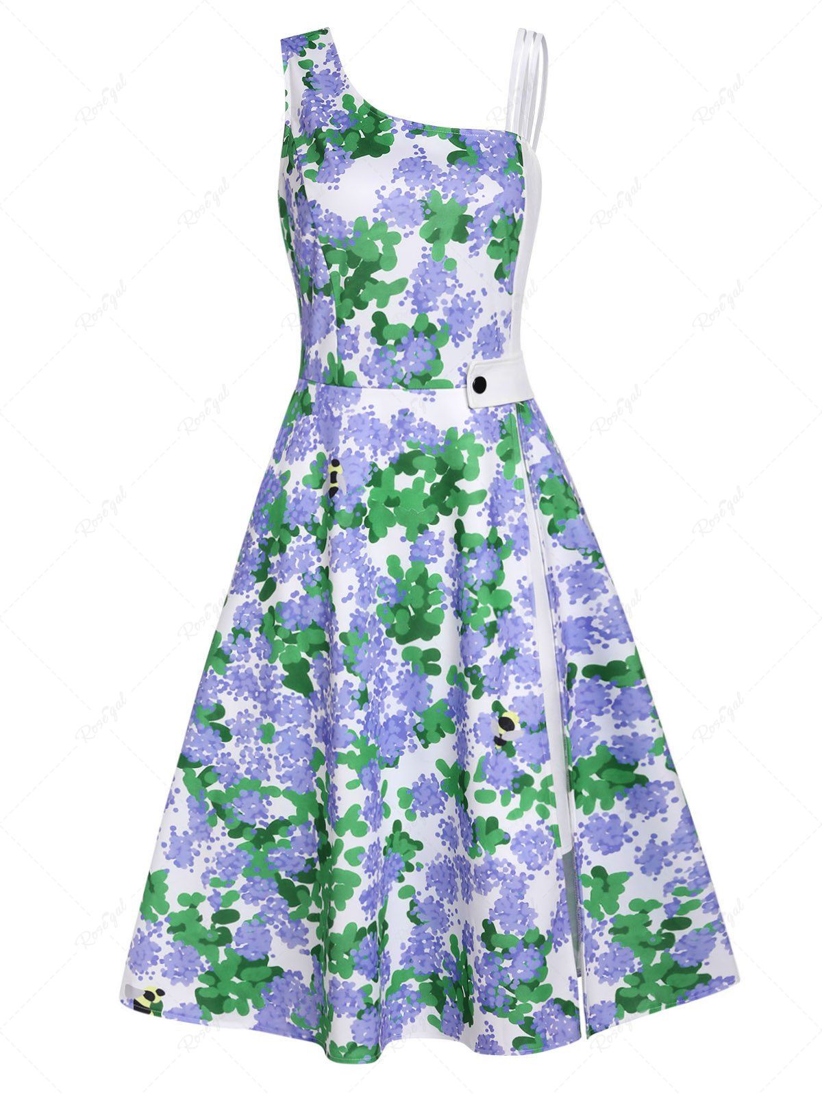 Hot Floral Skew Neck Slit High Waisted A Line Mini Dress  