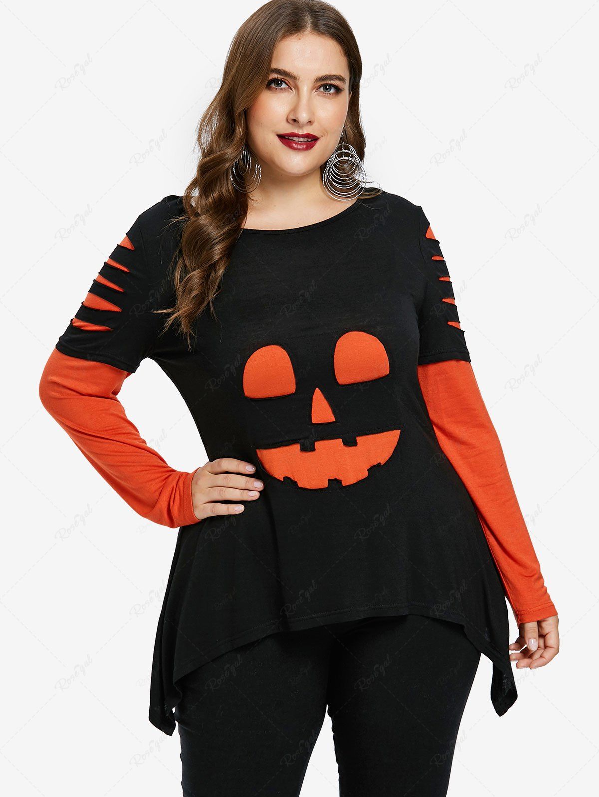 T-shirt D'Halloween Asymétrique Déchiré en Blocs de Couleurs Orange L | US 12