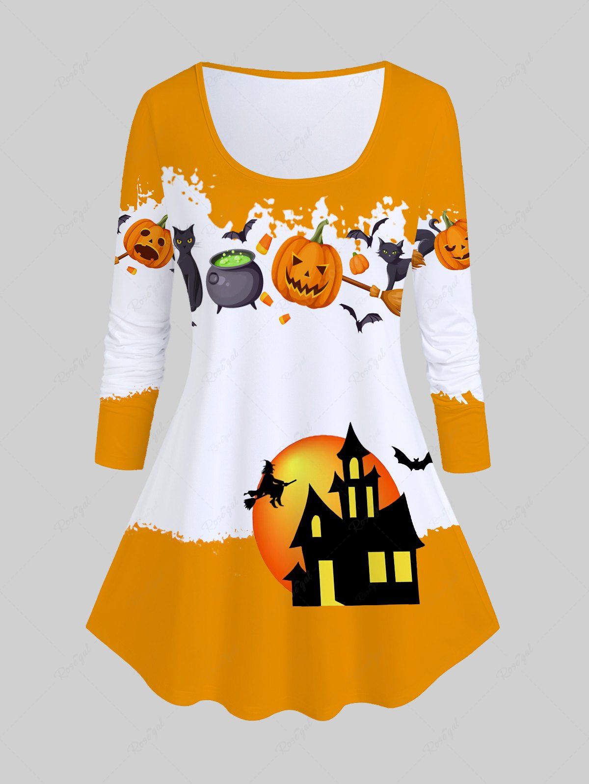 T-shirt Halloween à Imprimé Chauve-souris Citrouille à Manches Raglan Orange 
