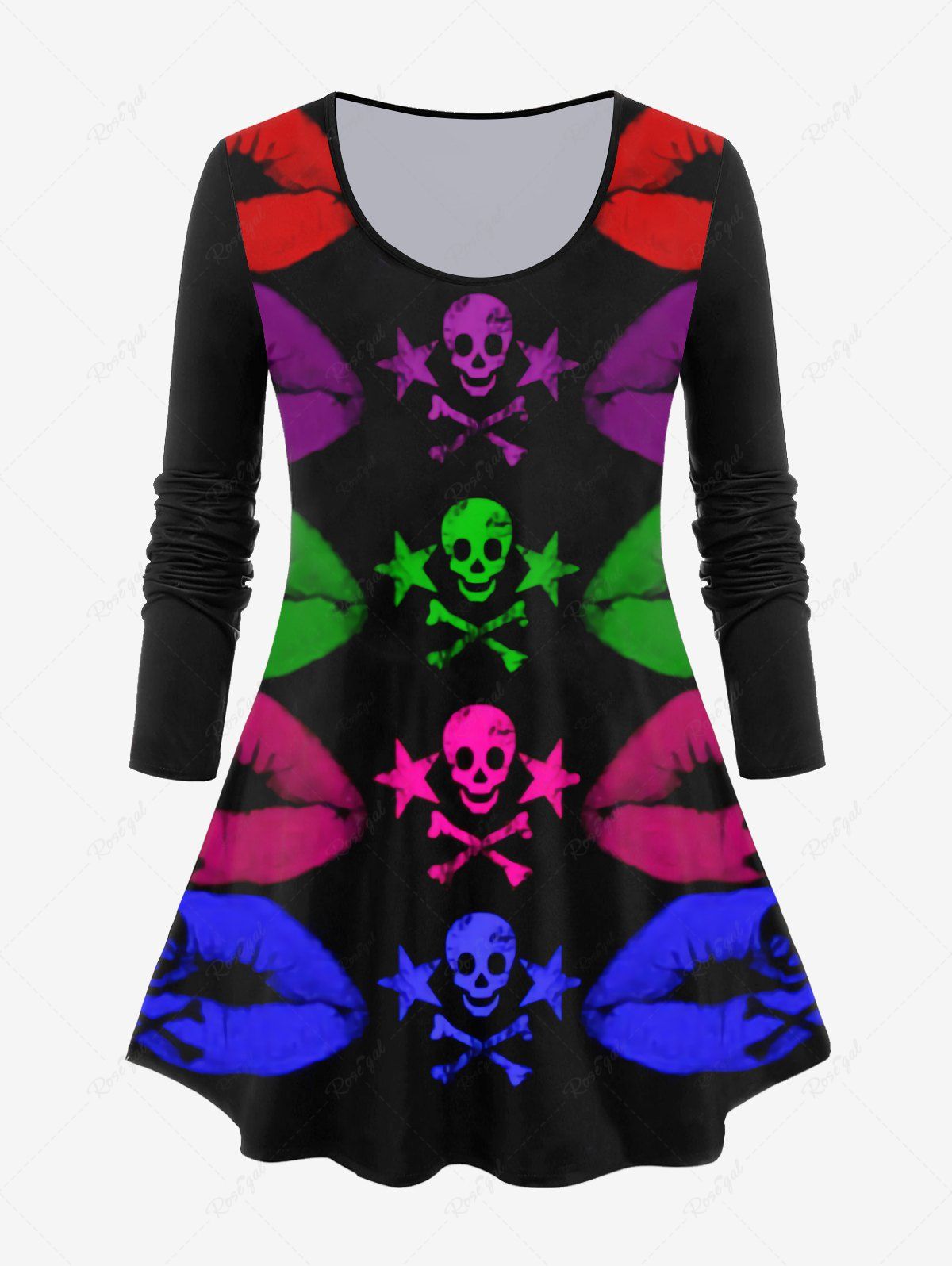 New Gothic Long Sleeve Colorful Skull Lip Print T-shirt  