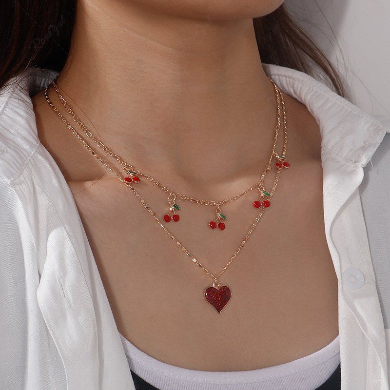 Best Cherry Heart Double Layer Pendant Necklace  