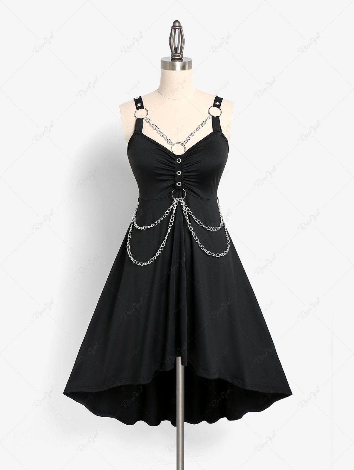 Discount Gothic Chains O Ring Ruched High Low Dress  