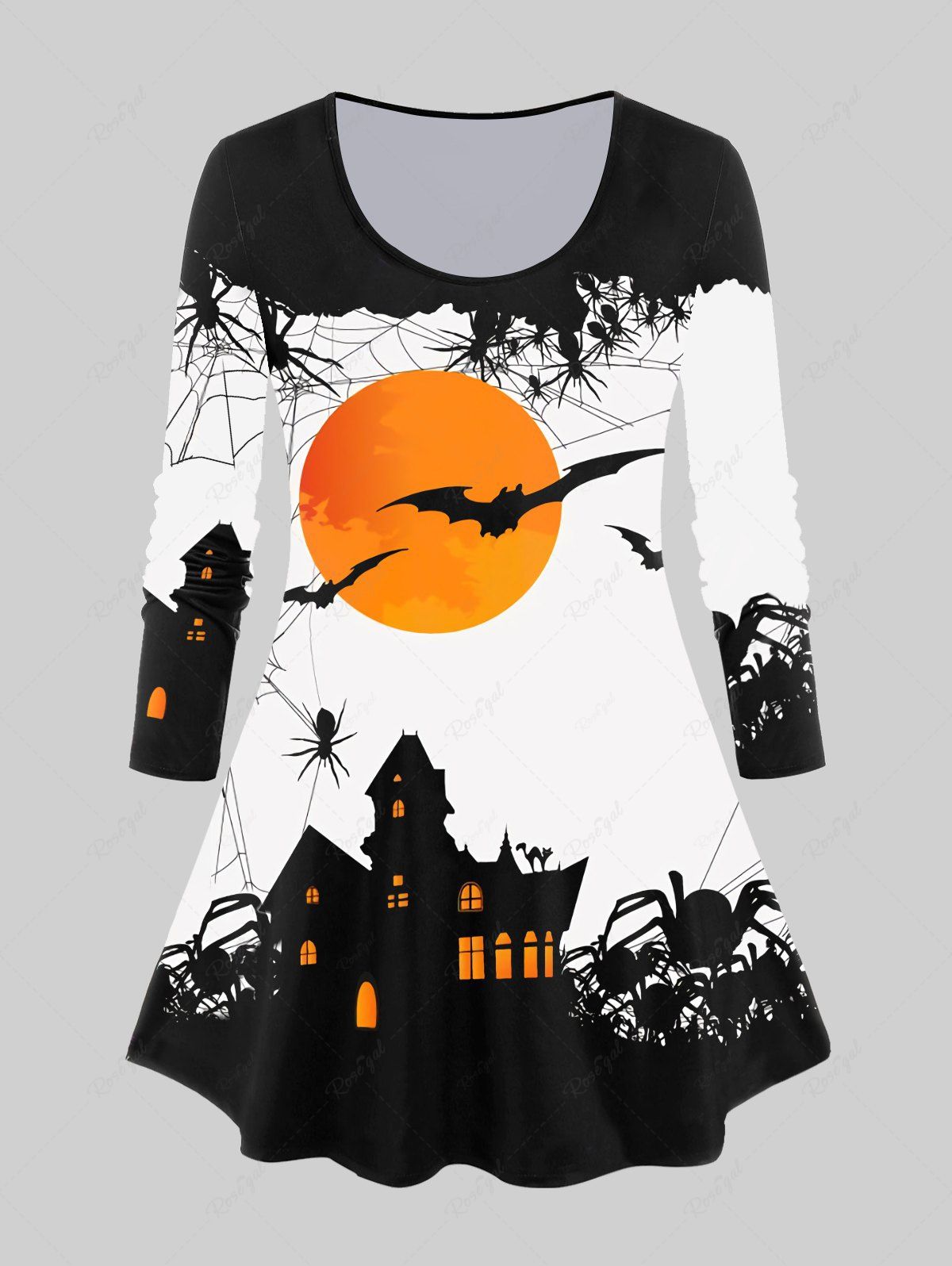 T-shirt D'Halloween à Imprimé Chauve-souris Toile D'Araignée et Lune à Manches Longues Blanc 