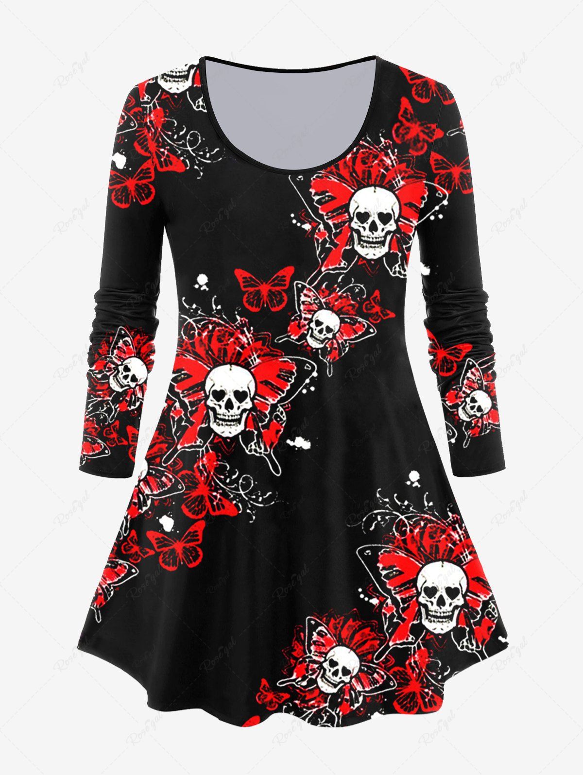 Affordable Gothic Long Sleeve Skull Butterfly Print T-shirt  