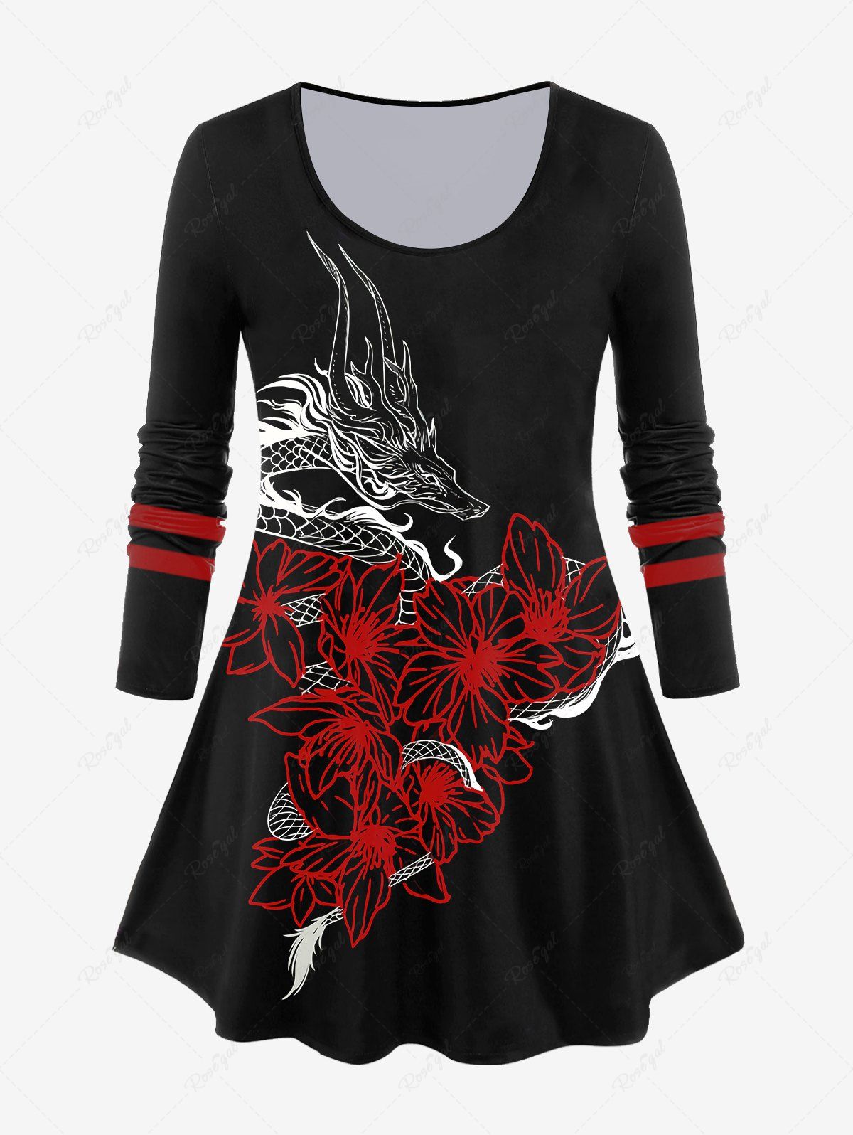 T-shirt en Blocs de Couleurs à Imprimé Fleur de Dragon de Grande Taille Rouge M | US 10