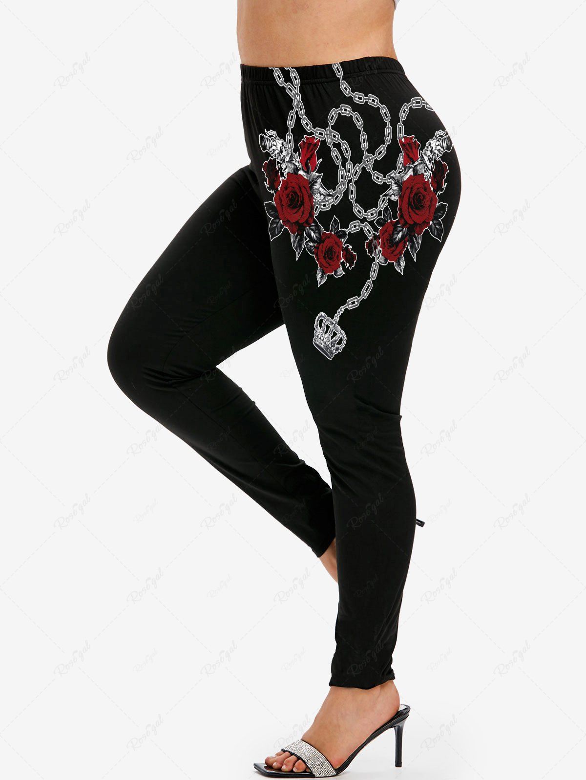 Latest Plus Size Crown Chains Rose Printed Skinny Leggings  