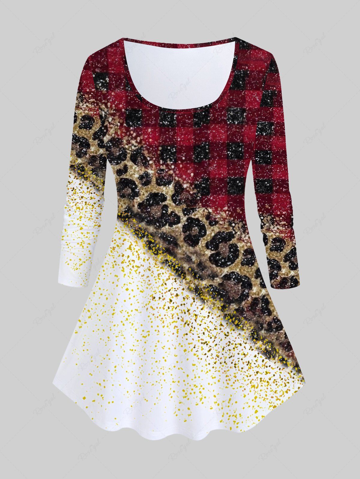 Trendy Plus Size Long Sleeve Plaid Leopard Print T-shirt  