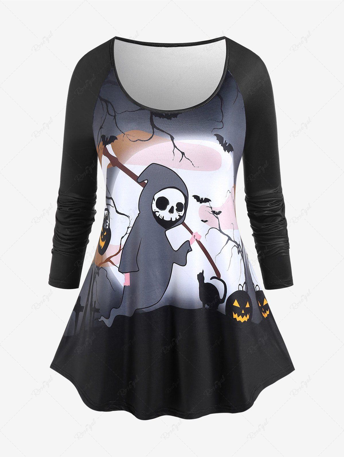 T-shirt D'Halloween à Imprimé Chat Citrouille Crâne et Chauve-souris à Manches Raglan Noir 