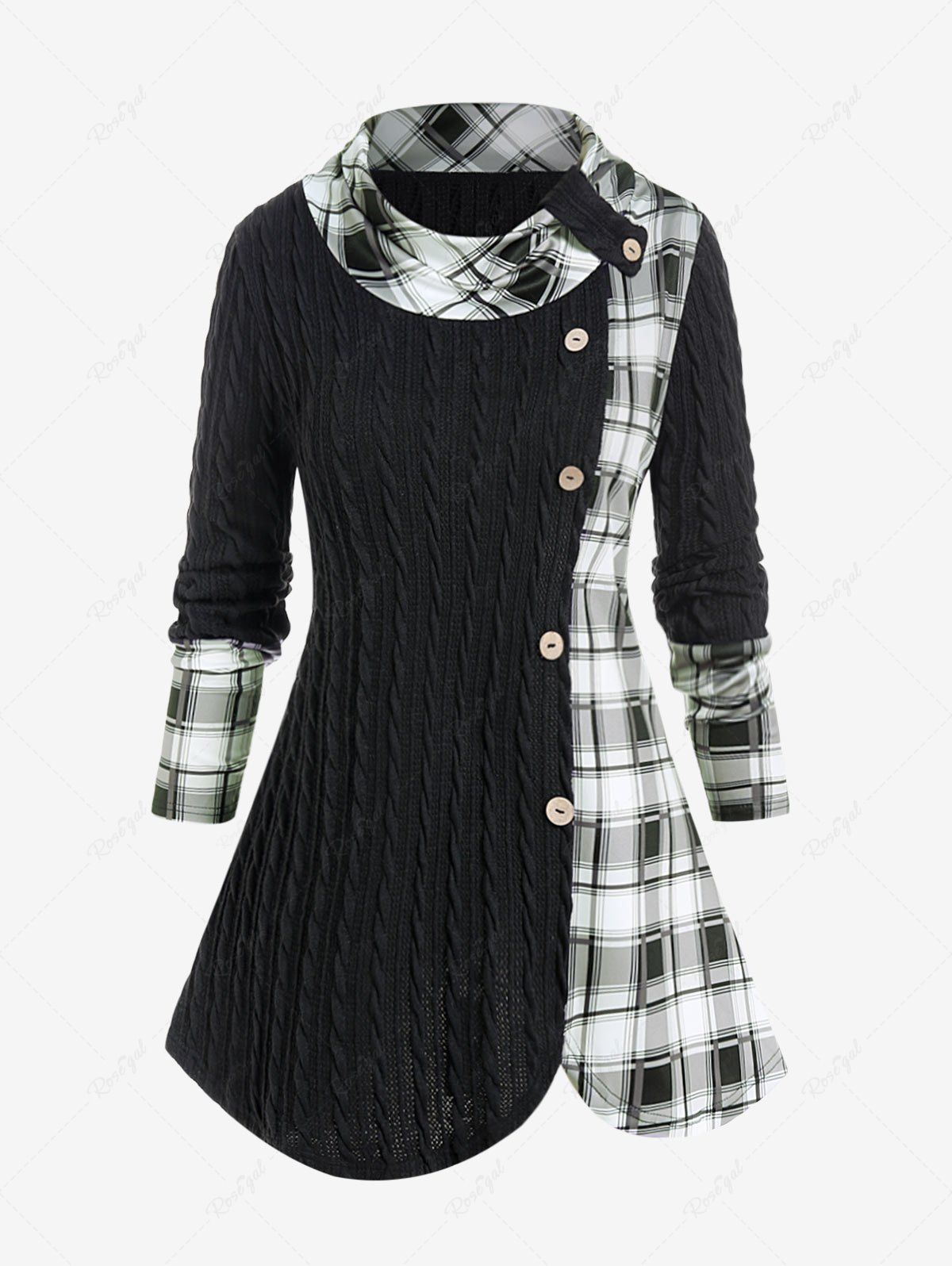 Buy Plus Size Cable Knit Panel Plaid Cowl Neck Tee  