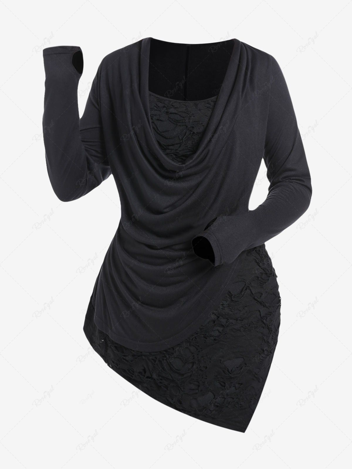 Plus Size Lace Panel Cowl Front Asymmetric Tee [25% OFF] | Rosegal