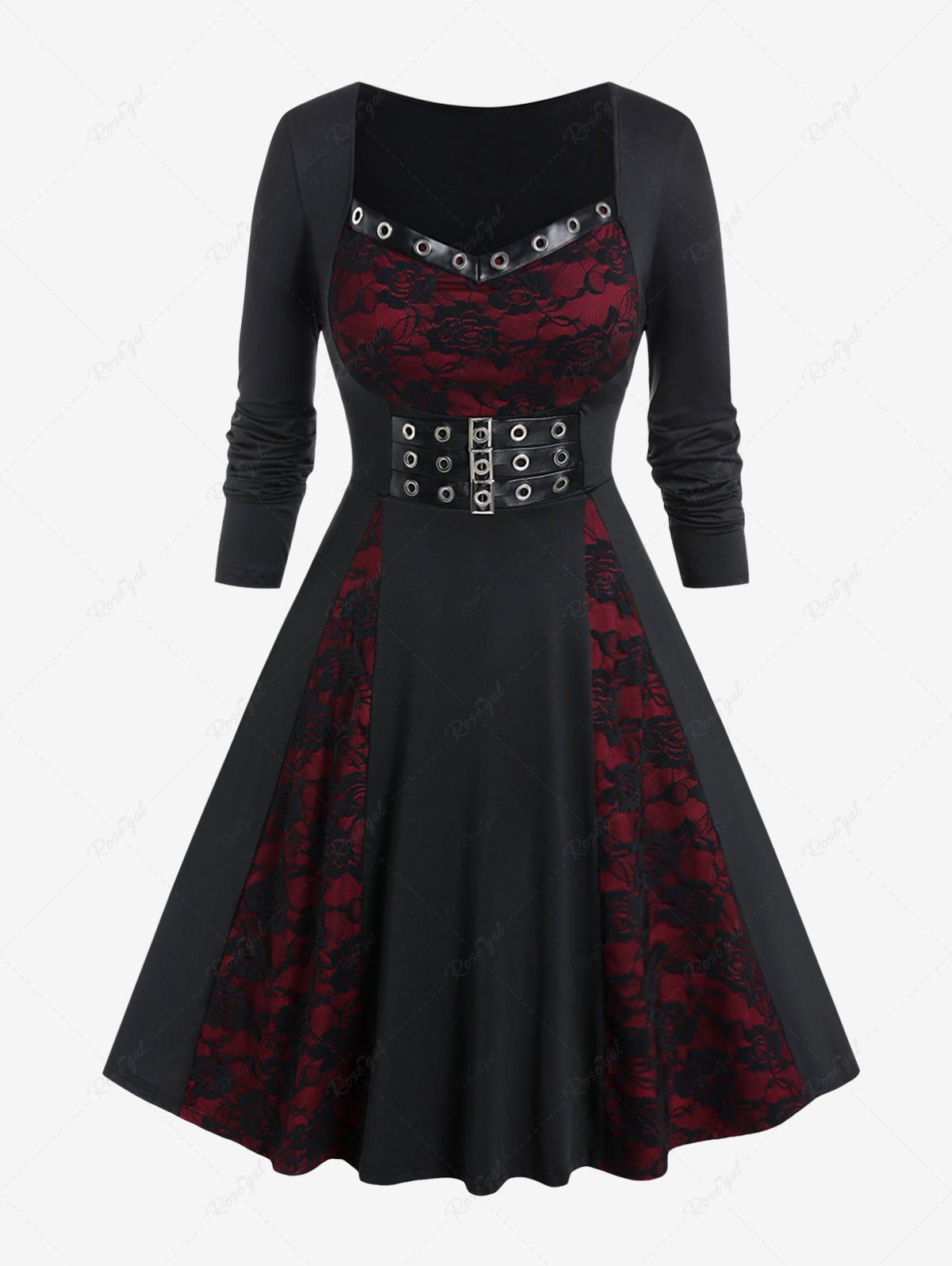 Latest Gothic Lace Panel Grommets Buckled Fit and Flare Dress  