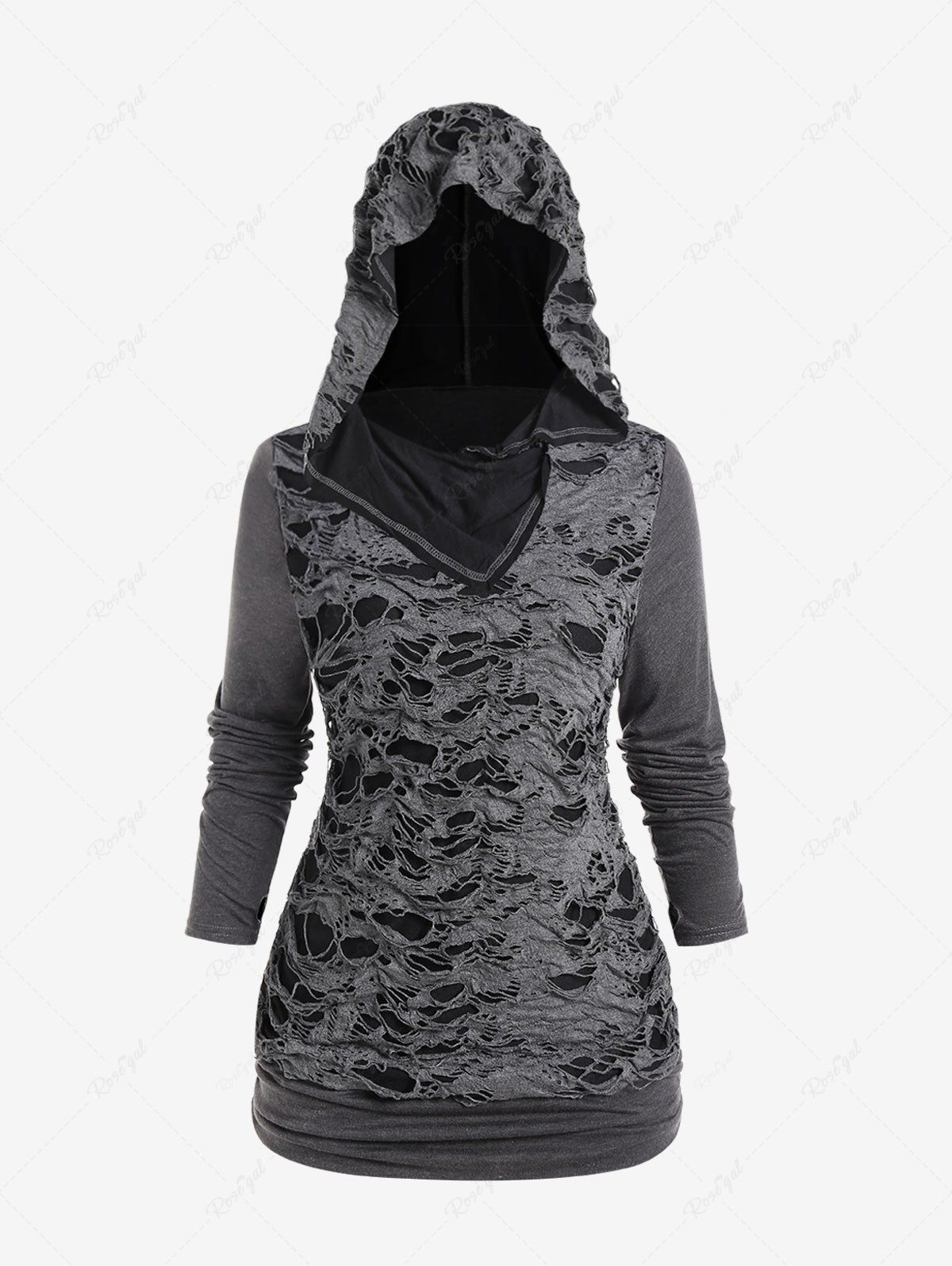 Latest Plus Size Ripped Design Ruched Pullover Hoodie  