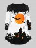 Halloween Long Sleeve Spider Moon Bat Print Tee -  