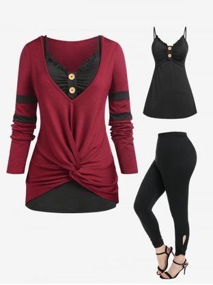 Front Twist T-shirt and Ruched Tank Top and High Rise Cutout Twist Leggings Plus Size Outfit