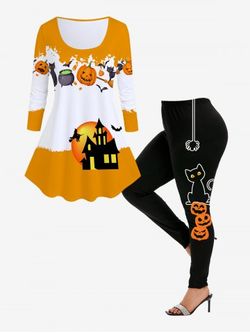 Ensemble T-shirt D'Halloween Chauve-souris à Imprimé Citrouille et Chat à Manches Raglan et Legging  - ORANGE