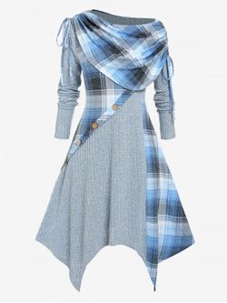 Robe Mi-Longue Mouchoir à Carreaux Grande Taille à Col Oblique - LIGHT BLUE - 5X | US 30-32