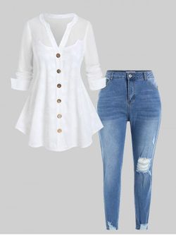 Plus Size Solid V Notched Long Sleeves Shirt and Pencil Ripped Jeans Outfit - WHITE