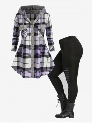 Hooded Pockets Plaid Shirt and Galaxy Ripped Skinny Leggings Plus Size Fall Outfit