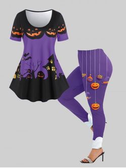 Pumpkin Castle Print Halloween Tee and Halloween Pumpkin Hat Printed Leggings Plus Size Outfit - CONCORD