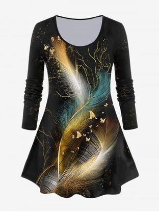 Plus Size Long Sleeve Feather Print T-shirt