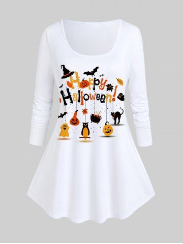 Halloween Letter Pumpkin Bat Print T-shirt - WHITE - 5X | US 30-32