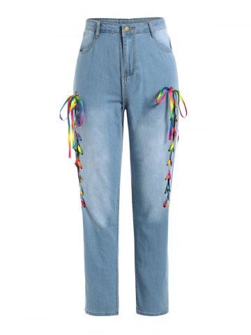 Jeans Flacos de Talla Grande con Cordones de Colores - LIGHT BLUE - 3XL