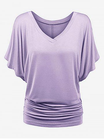 Plus Size Batwing Sleeves Solid V Neck Tee - LIGHT PURPLE - XL
