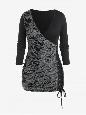 Plus Size Ripped Lace Up Two Tone Surplice Tee