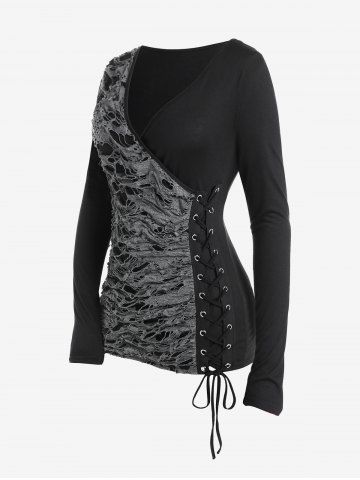 Plus Size Ripped Lace Up Two Tone Surplice Tee