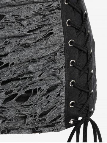 Plus Size Ripped Lace Up Two Tone Surplice Tee