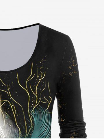Plus Size Long Sleeve Feather Print T-shirt